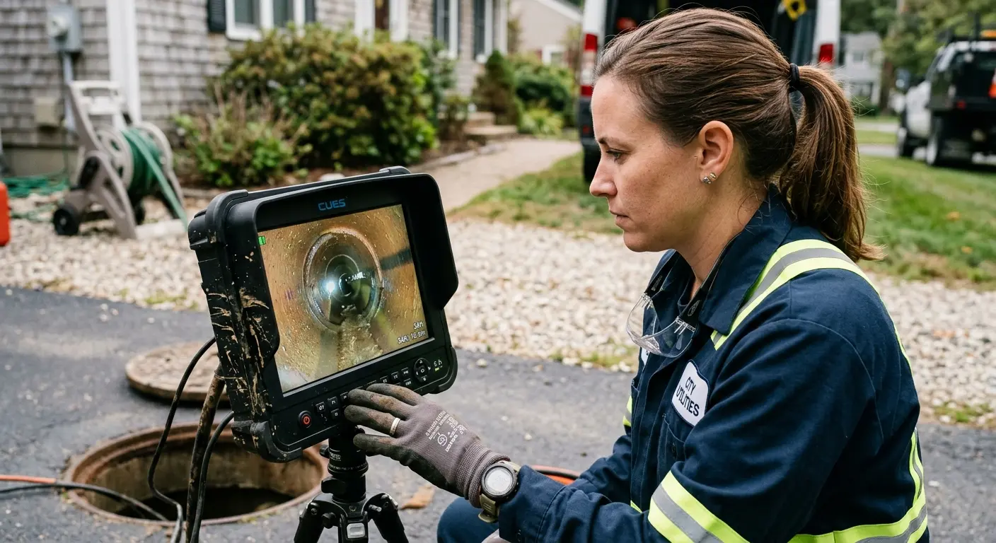 Technician reviewing sewer camera inspection footage in Mundelein