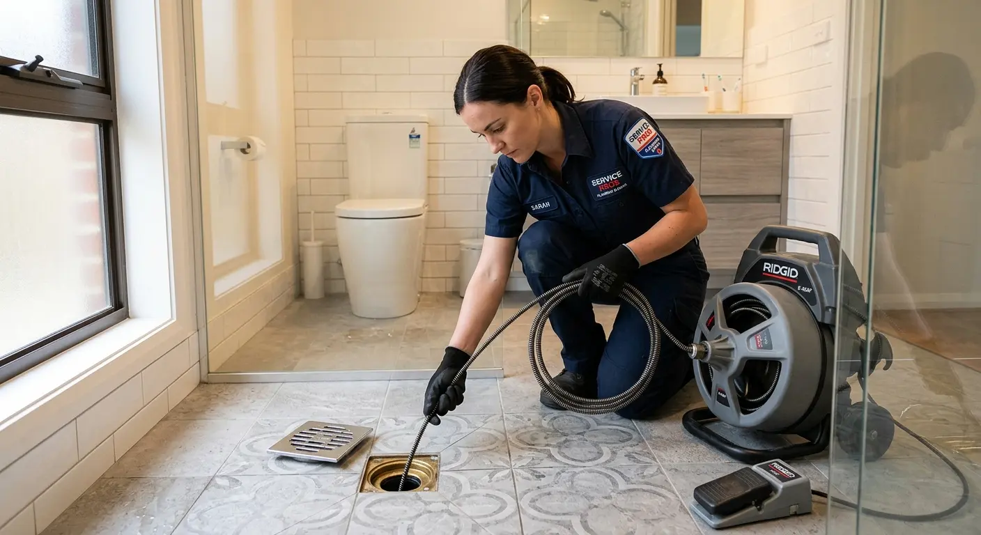 Technician clearing a bathroom floor drain for Sewer Line Replacement in Mundelein